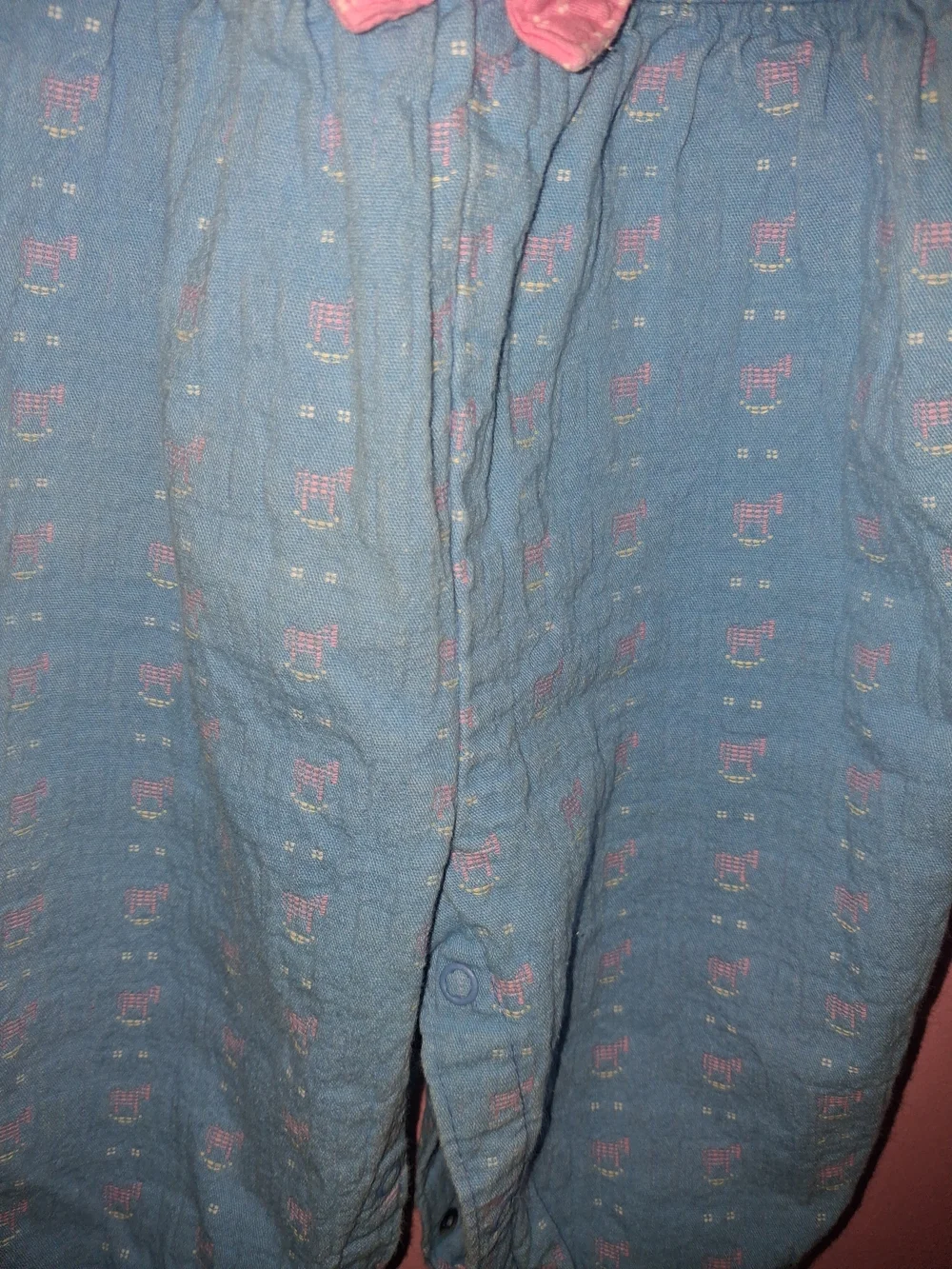 Vtg 80s OshKosh Overalls sz 12M Bubble Pink Blue Rocking Horse Bows Pink Vestbac